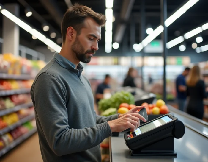 Homme effectuant un paiement sans contact avec sa carte bancaire au Crédit Agricole en caisse