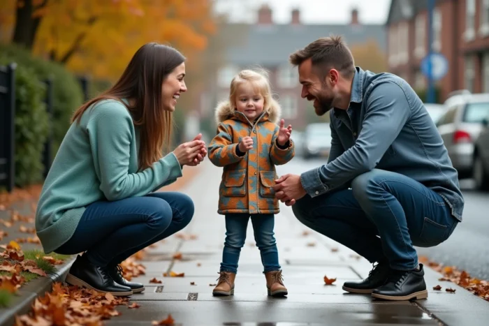 Parents en discussion avec leur fille sur un trottoir en automne, accompagnement familial bienveillant au quotidien