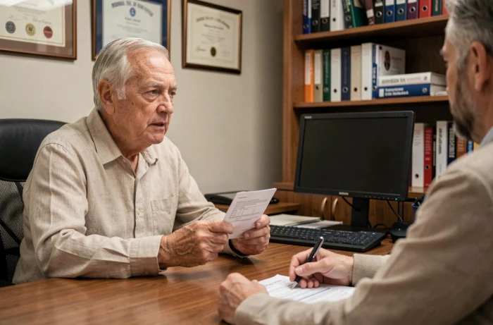 Patient âgé en consultation médicale discutant d'un traitement médicamenteux avec son médecin
