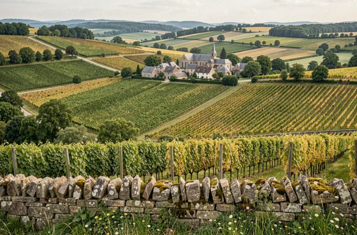 Paysage de campagne bourguignonne avec vignes en rangées, village en pierre et clocher roman au loin