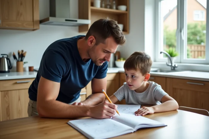 Père aidant son fils à faire ses devoirs à la table de cuisine, accompagnement parental scolaire