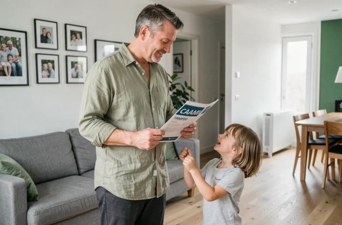 Père belge lisant une brochure sur les allocations familiales après 3 ans pendant que sa fille joue à ses côtés dans le salon