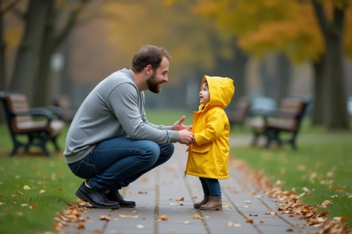 Père interagissant avec sa fille en bas âge dans un parc urbain en automne, moment de complicité parentale