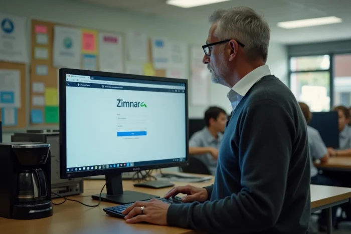 Personnel administratif consultant la messagerie Zimbra sur un ordinateur de bureau dans une salle des professeurs