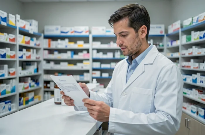 Pharmacien consultant une fiche d'information sur un médicament dans une pharmacie