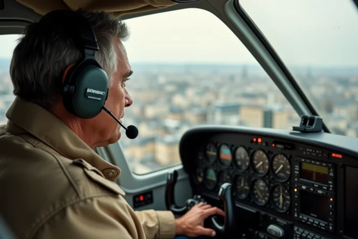 Pilote masculin en cockpit d'avion léger avec vue sur les toits de Paris en arrière-plan