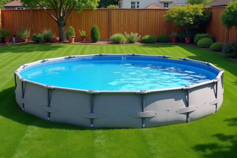 Piscine Intex Metal Frame 58983 montée et remplie d'eau dans un jardin familial avec pelouse verte et clôture en bois