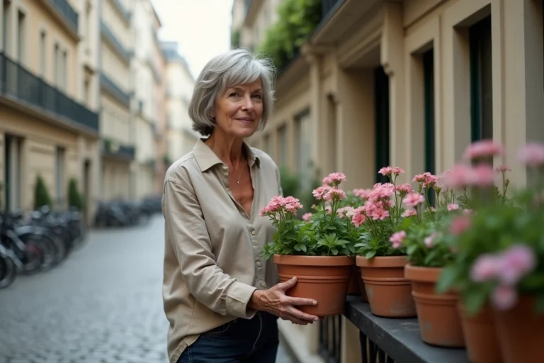 Femme posant des pots de fleurs sur le trottoir devant un immeuble haussmannien parisien