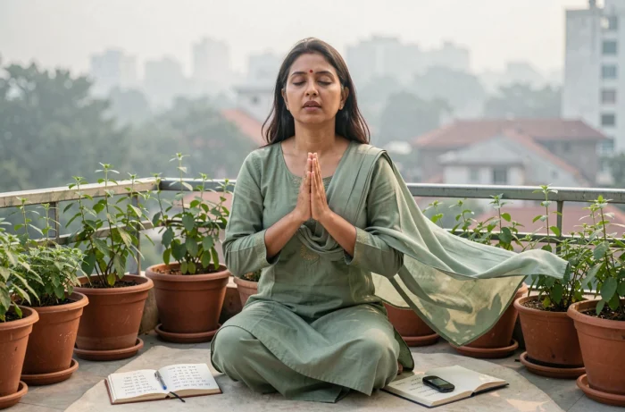 Femme pratiquant le pranayama sur une terrasse entourée de plantes sacrées tulsi, représentant une méthode hindoue de gestion du manque de cigarette