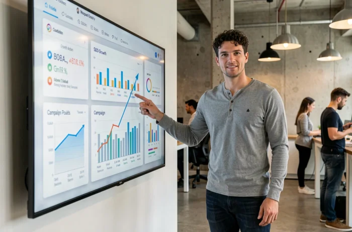 Jeune professionnel présentant des statistiques de marketing digital sur un écran interactif dans un espace de coworking