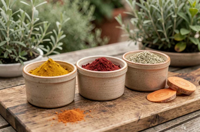 Trois ramequins en grès contenant du curcuma, piment d'Espelette et herbes de Provence posés sur une planche en chêne avec des légumes crus