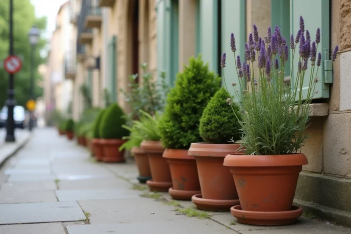 Rangée de pots de fleurs en terre cuite et céramique alignés sur un trottoir urbain étroit
