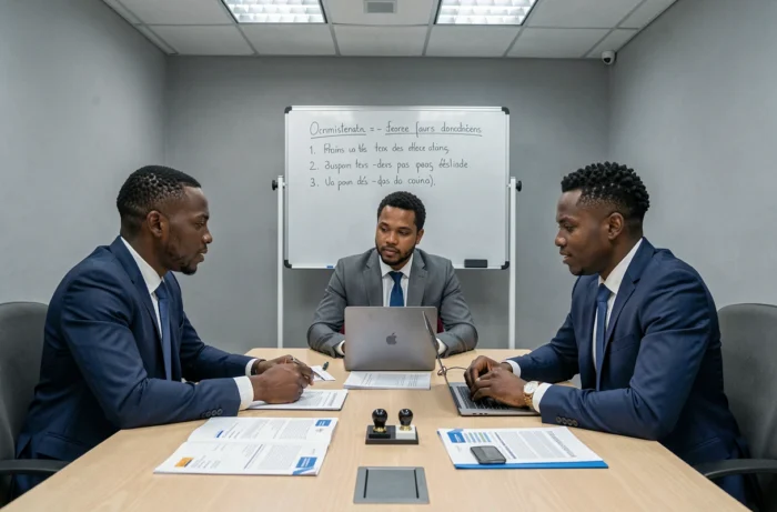 Groupe de professionnels camerounais en réunion administrative discutant des étapes de recrutement des cadres contractuels