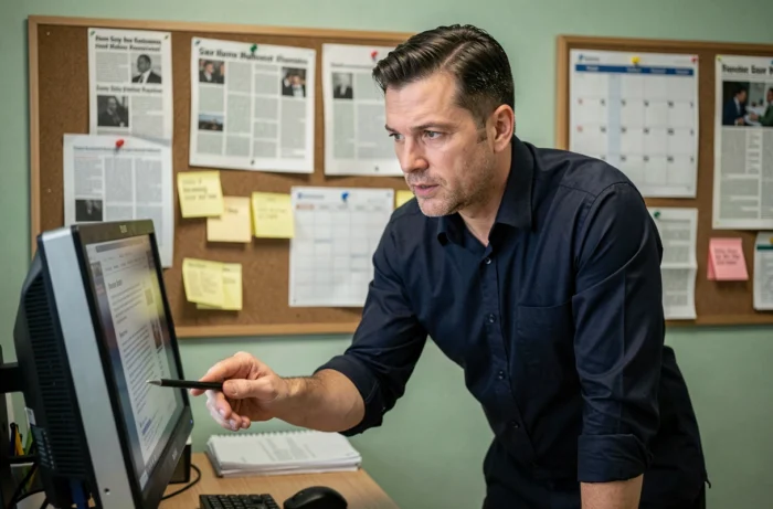 Rédacteur en chef masculin en chemise marine examinant des suggestions de lecteurs sur un écran dans un bureau éditorial organisé