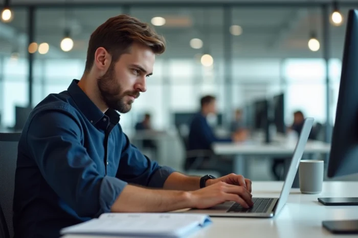 Homme au bureau consultant un guide de grammaire française sur son ordinateur portable pour corriger une expression écrite