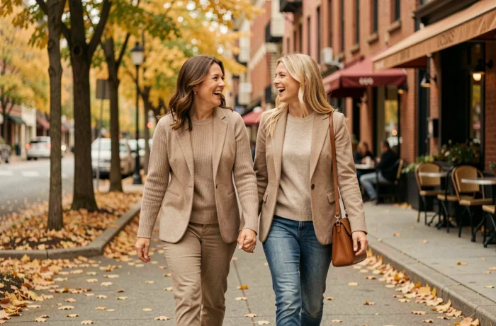 Deux femmes complices marchant ensemble dans une rue urbaine en automne, illustrant la relation mère-fille entre Rebecca Soteros et Meadow Walker