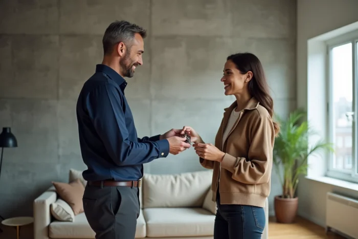 Propriétaire remettant les clés d'un appartement meublé moderne à une nouvelle locataire souriante