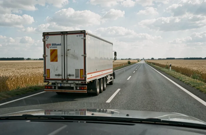 Remorque double essieu tractée sur une route de campagne avec champs en arrière-plan