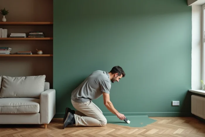 Homme peignant un mur en vert sauge dans un salon en cours de rénovation avec parquet en chêne