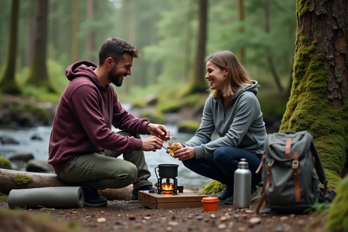 Couple préparant un repas en bivouac sauvage au bord d'un ruisseau dans la forêt landaise