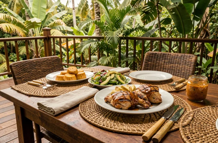 Repas caribéen sain en plein air avec poulet grillé à la sauce chien, igname vapeur et salade d'avocat sur terrasse tropicale
