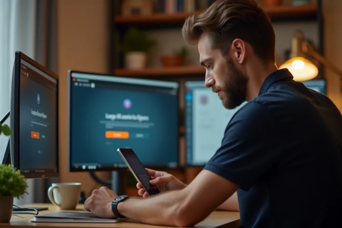 Homme en télétravail tentant de résoudre un problème de connexion à la vente au personnel L'Oréal depuis son bureau à domicile