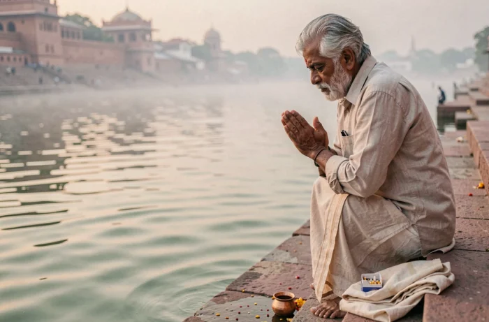 Homme âgé en prière au bord d'un ghat hindou avec un paquet de cigarettes délibérément abandonné, symbolisant la renonciation spirituelle au tabac