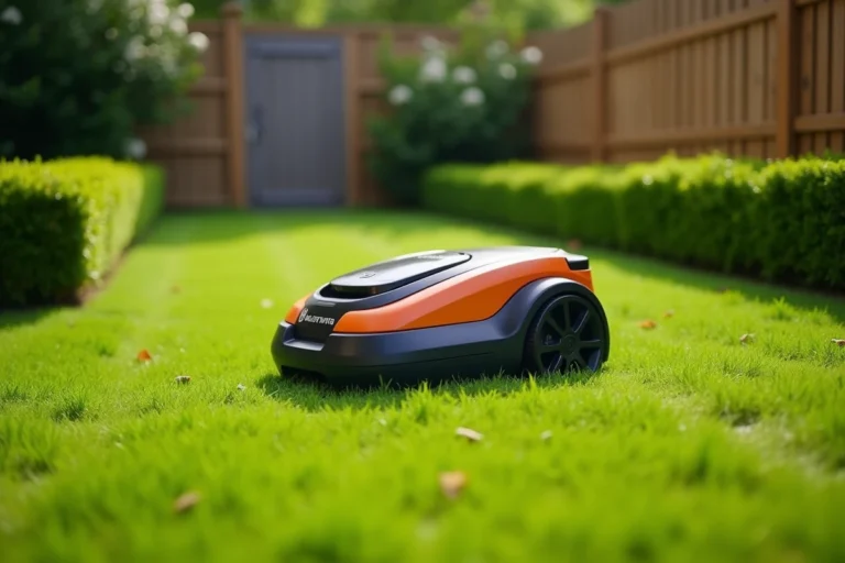 Robot tondeuse Husqvarna 310 en action sur une pelouse résidentielle bien entretenue