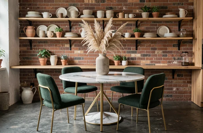 Salle à manger cuisine rénovée avec table en marbre, chaises en bouclé vert et étagères en brique exposée pour une déco tendance