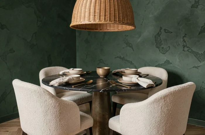 Salle à manger moderne avec table en marbre noir, chaises bouclé blanc cassé et mur en plâtre vert forêt pour une décoration intérieure tendance