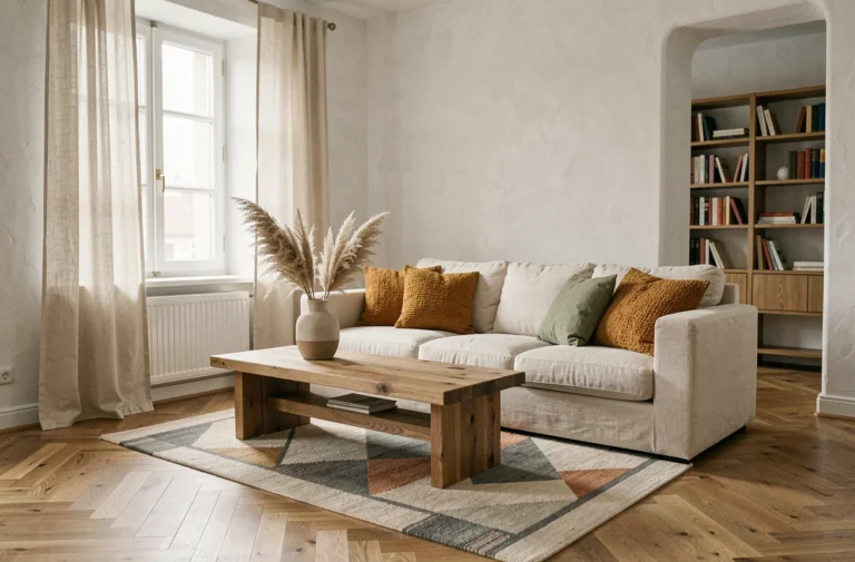 Salon minimaliste scandinave avec canapé en lin crème, table basse en chêne brut et tapis géométrique en laine pour une déco moderne apaisante
