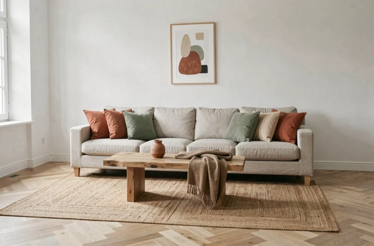 Salon moderne décoré avec canapé en lin beige, coussins terracotta et table basse en chêne brut, idées déco tendance