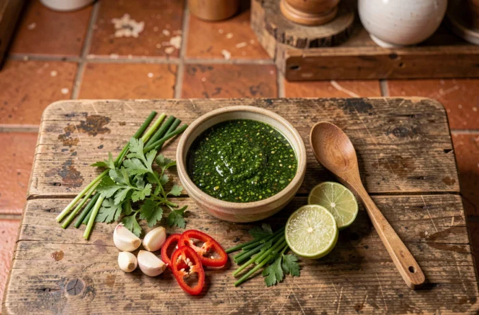 Bol de sauce chien maison avec herbes fraîches, ail, piment et citron vert sur table en bois rustique, cuisine caribéenne saine
