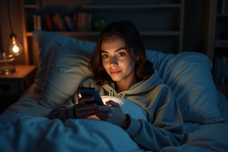 Jeune femme consultant Snapchat sur son téléphone tard le soir dans sa chambre, illustrant l'augmentation du score Snap la nuit