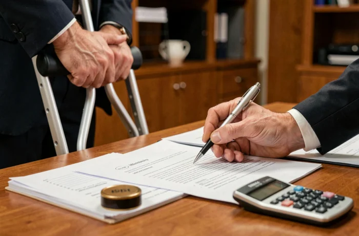 Signature d'un contrat de prêt immobilier par une personne en situation d'invalidité avec béquille