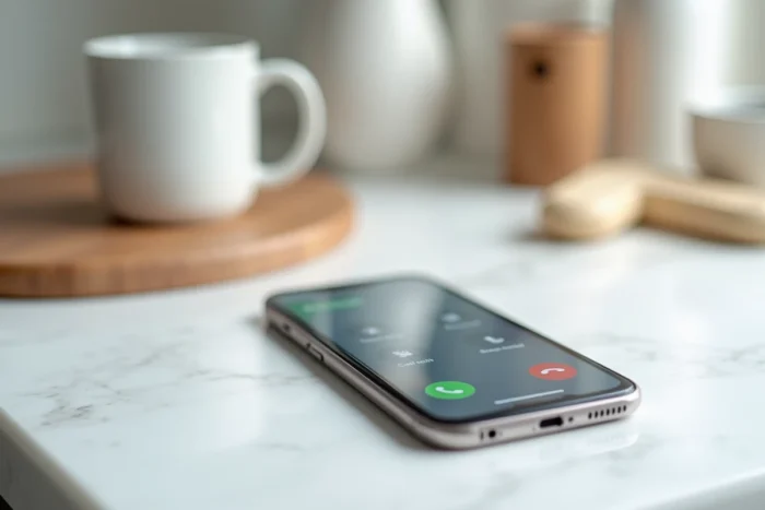 Smartphone posé sur un comptoir affichant un journal d'appels manqués avec notifications