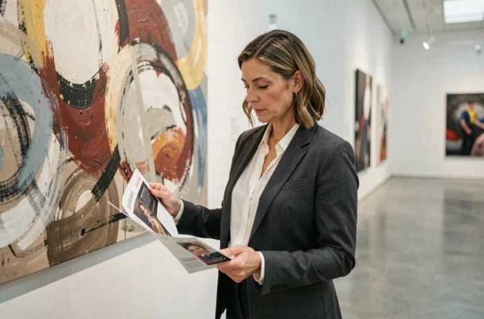 Directrice marketing analysant une stratégie pour galerie d'art contemporain devant une œuvre abstraite
