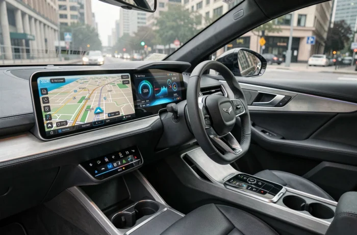 Tableau de bord high-tech d'un SUV 2024 avec écran tactile et intérieur cuir premium
