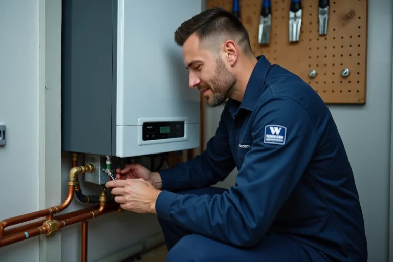 Technicien professionnel inspectant une chaudière gaz murale dans une chaufferie résidentielle