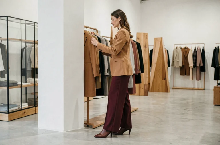 Femme élégante parcourant les nouvelles collections de mode dans une boutique concept minimaliste aux murs blancs
