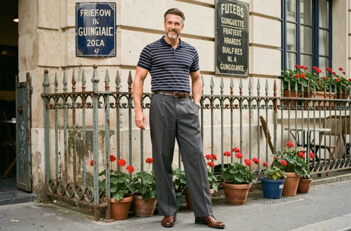 Homme élégant en tenue guinguette style vintage années 50 avec pantalon à pinces gris et marinière rayée sur une terrasse de café parisien
