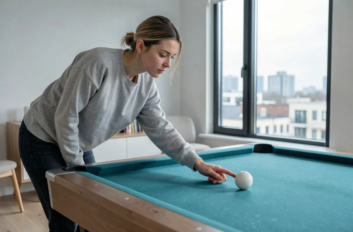 Jeune femme testant la glisse du tapis d'un billard après chauffage dans un appartement moderne