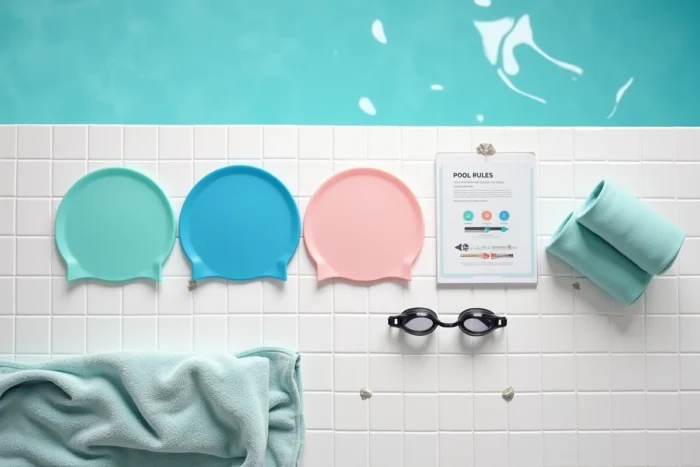 Vue de dessus de bonnets de bain en silicone, latex et lycra disposés avec des lunettes de natation et le règlement de la piscine