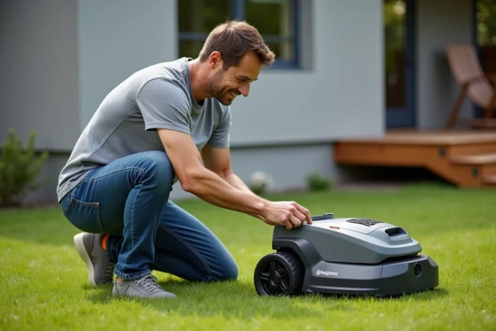 Utilisateur configurant le panneau de commande du robot tondeuse Husqvarna 310 dans son jardin
