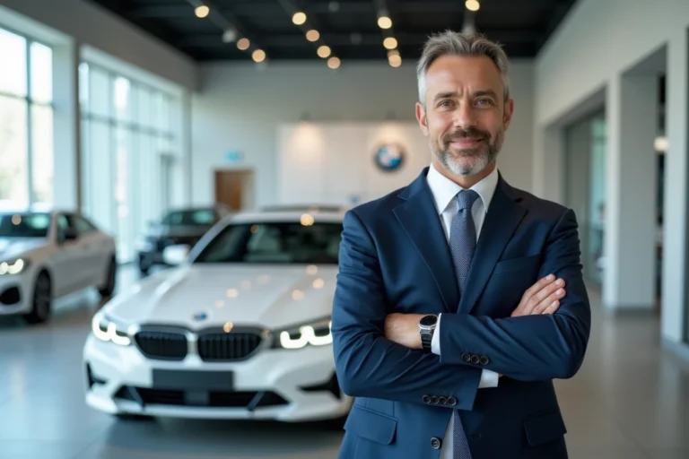 Vendeur BMW en costume marine dans une concession automobile moderne aux côtés d'une berline blanche