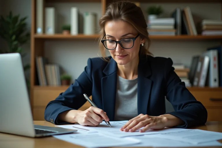 Femme consultant des documents officiels du registre des entreprises pour vérifier la fermeture d'une société