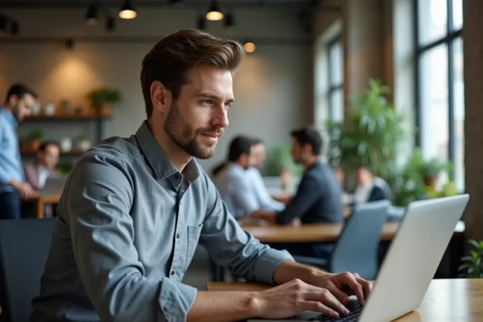 Homme vérifiant en ligne le statut de fermeture d'une entreprise sur un portail officiel depuis un espace de coworking