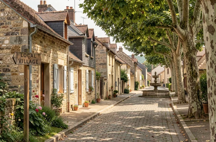 Rue pavée d'un village typique de Bourgogne avec maisons en pierre et fontaine ancienne, paysage rural authentique