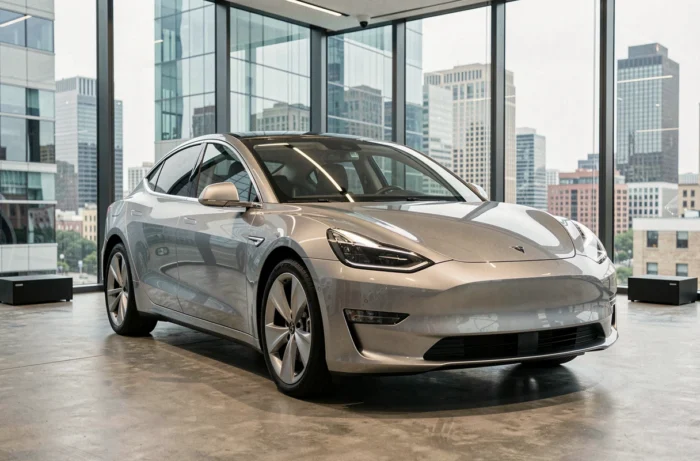 Voiture électrique 2024 exposée dans un showroom automobile moderne avec vue sur la ville