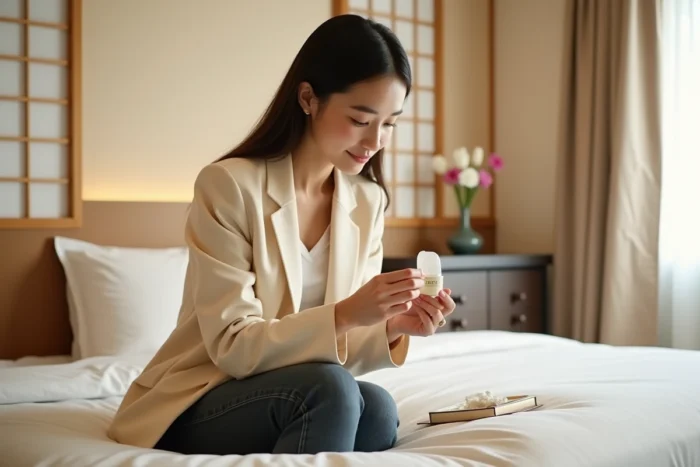 Voyageuse découvrant une trousse de toilette d'hôtel japonais dans une chambre traditionnelle avec cloisons shoji